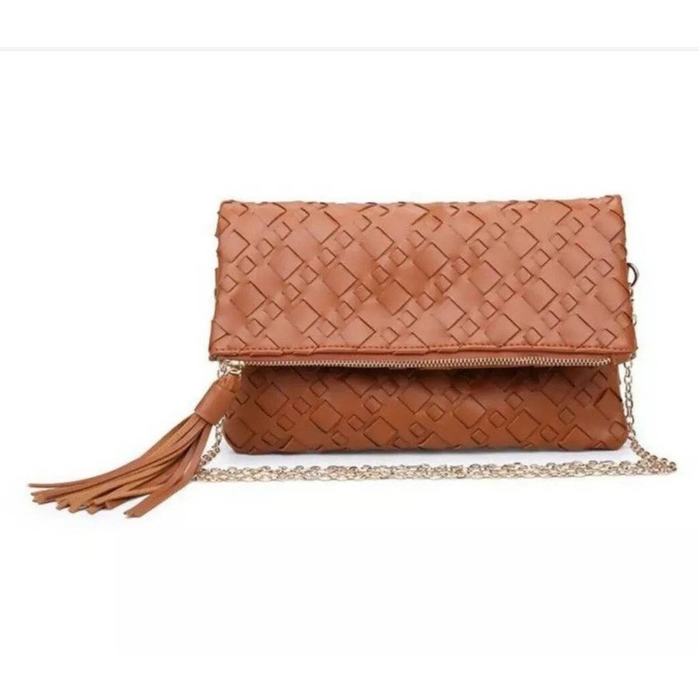 Vegan Leather Cognac Woven Convertible Crossbody Clutch Bag w Chain Strap